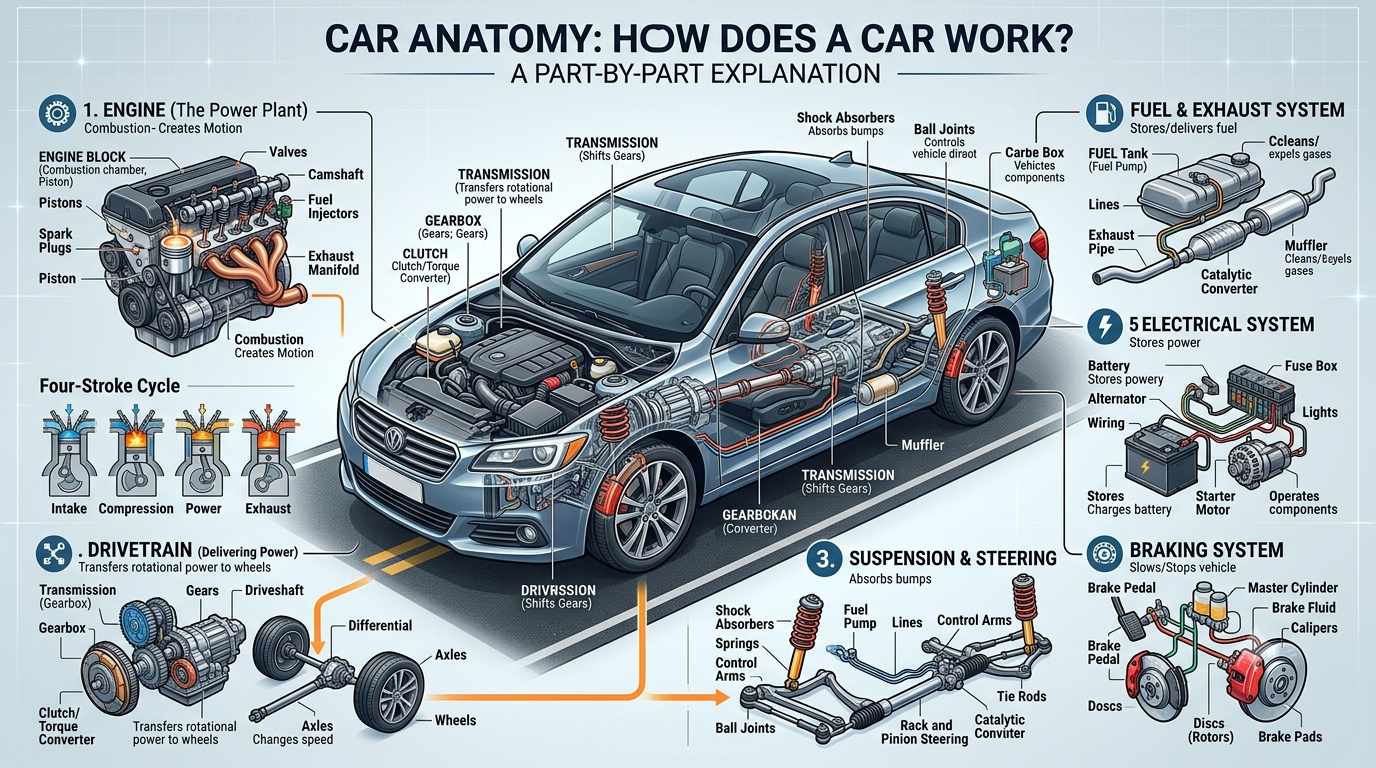Car anatomy diagram showing major parts and systems of a modern car